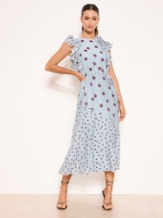 Light Blue Polka Dot Ruffle Shoulder Tie Waist Midaxi Dress - Image 1 of 4