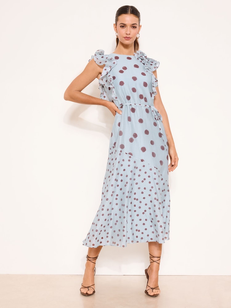 Light Blue Polka Dot Ruffle Shoulder Tie Waist Midaxi Dress - Image 1 of 4