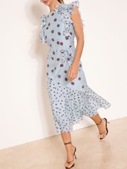 Light Blue Polka Dot Ruffle Shoulder Tie Waist Midaxi Dress - Image 2 of 4