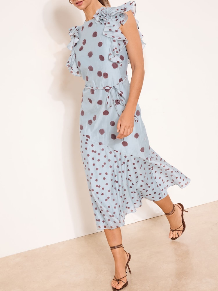 Light Blue Polka Dot Ruffle Shoulder Tie Waist Midaxi Dress - Image 2 of 4