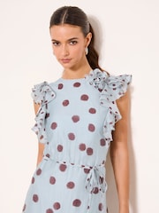 Light Blue Polka Dot Ruffle Shoulder Tie Waist Midaxi Dress - Image 3 of 4