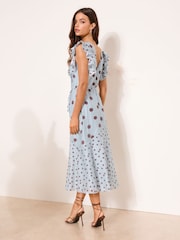 Light Blue Polka Dot Ruffle Shoulder Tie Waist Midaxi Dress - Image 4 of 4