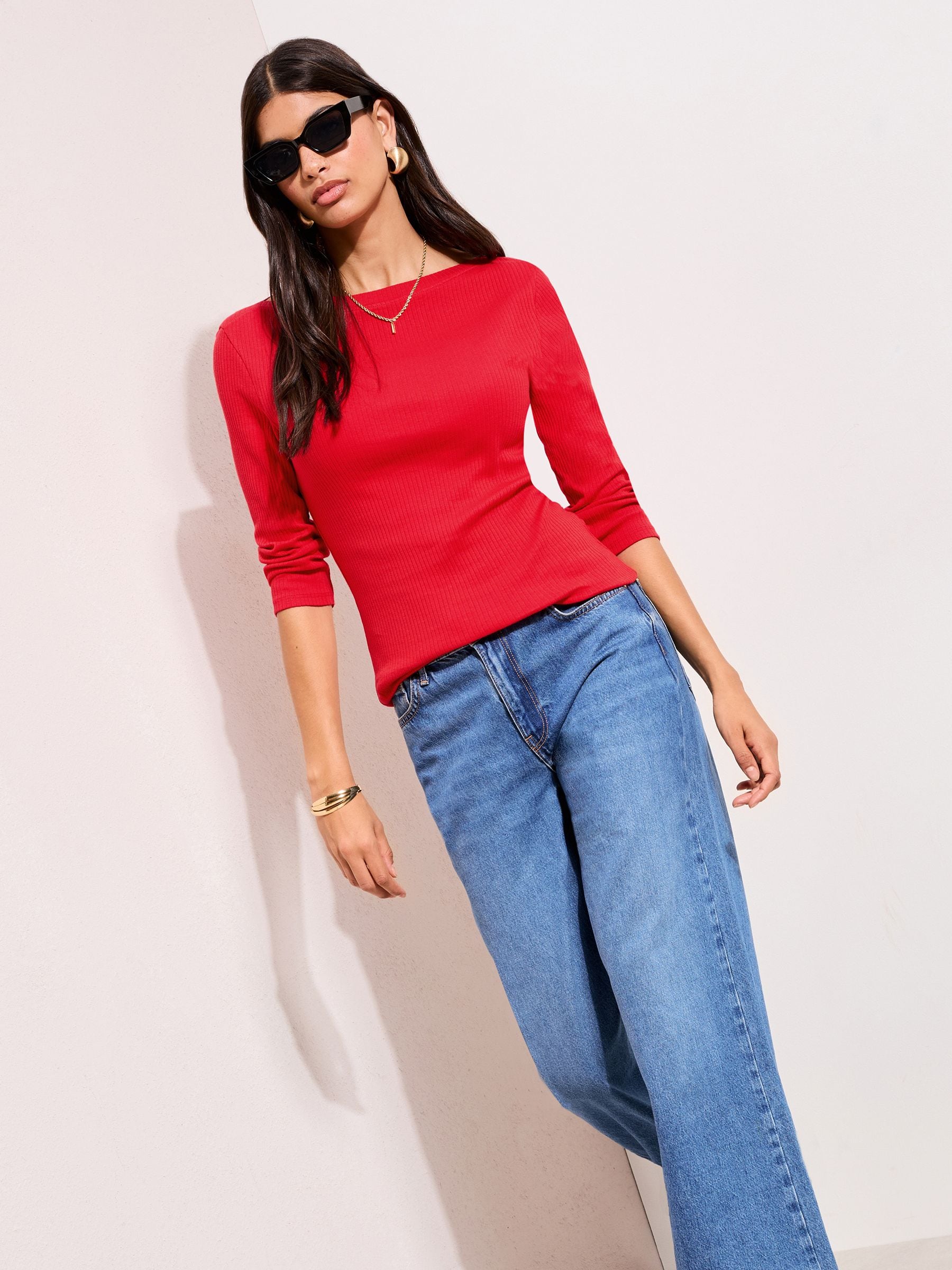 Buy Friends Like These Bright Red 3/4 Sleeve Ribbed Boat Neck T