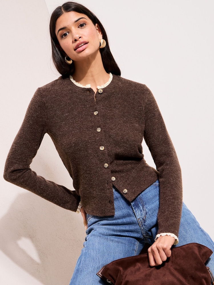 Friends Like These Brown Lace Trim Brushed Cosy Cardigan - Image 1 of 5 Friends Like These Brown Lace Trim Brushed Cosy Cardigan - Image 1 of 5