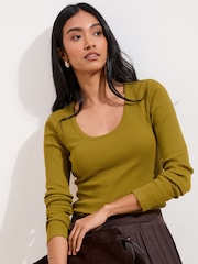 Friends Like These Olive Green Long Sleeve Rib Scoop Neck Top - Image 1 of 4