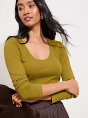 Friends Like These Olive Green Long Sleeve Rib Scoop Neck Top - Image 3 of 4