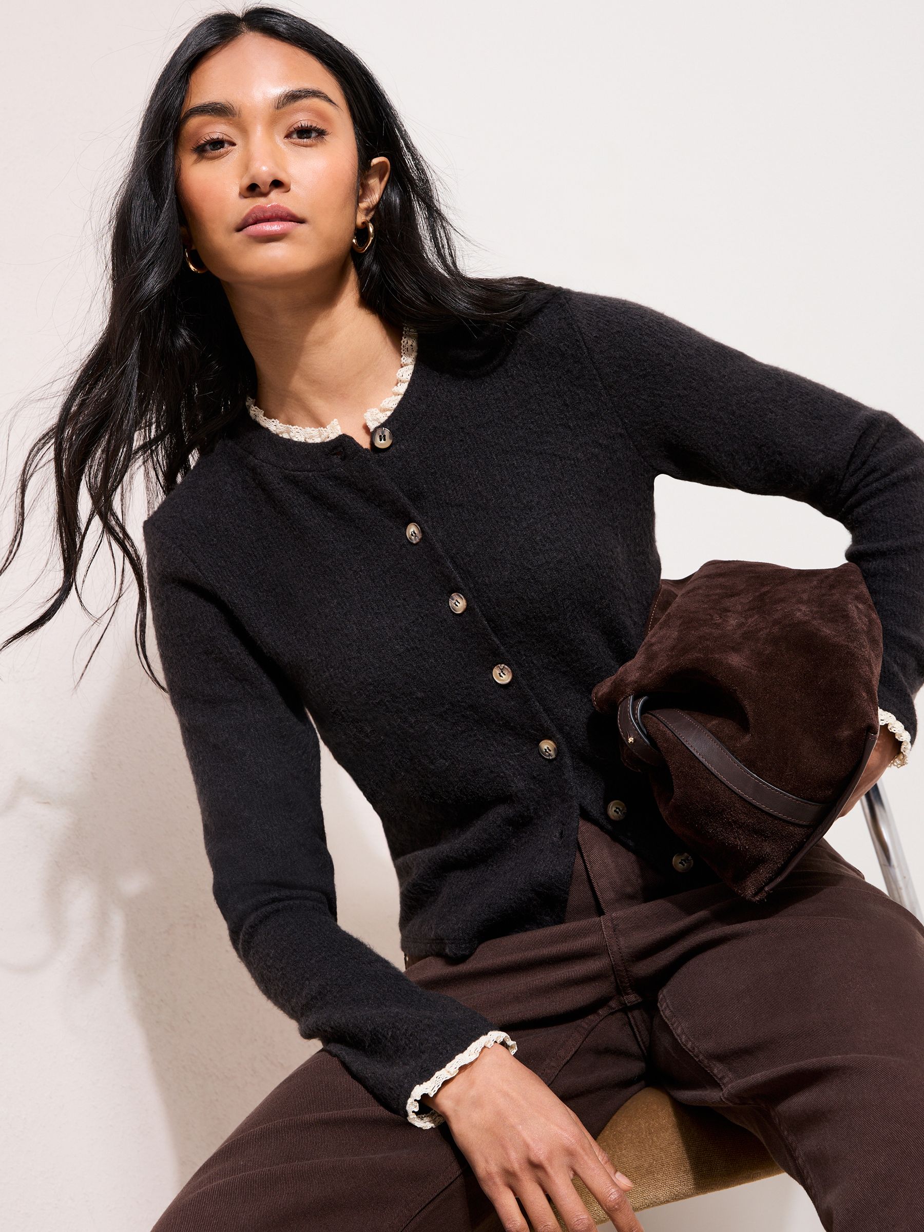 Buy Friends Like These Black Lace Trim Brushed Cosy Cardigan from
