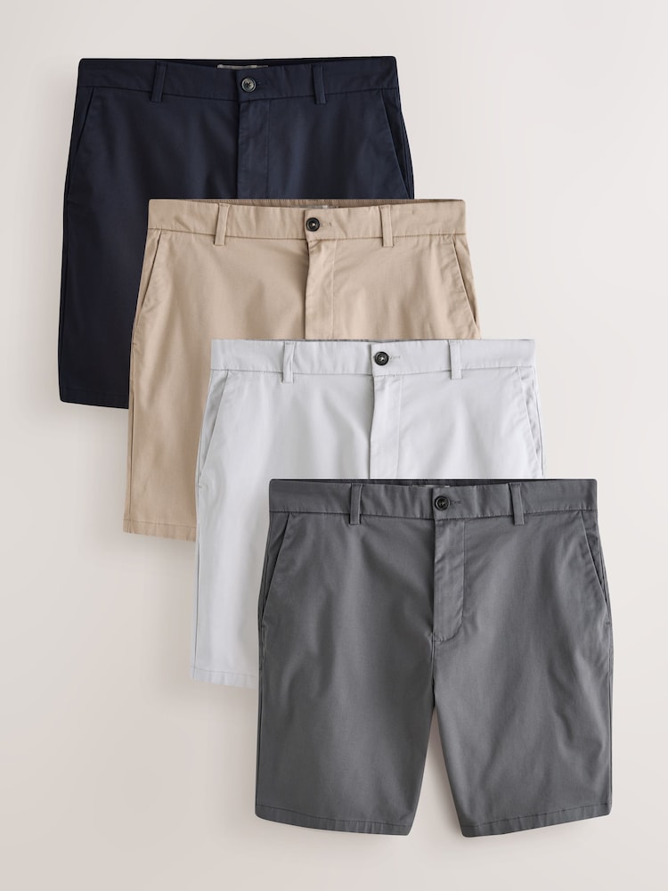 Navy/Stone/Light Grey/Charcoal Slim Fit Stretch Chino Shorts 4 Pack - Image 1 of 12