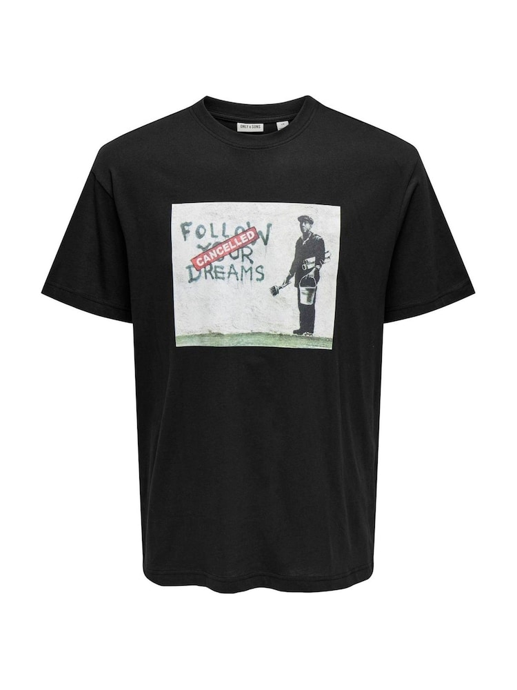 Only & Sons Black Banksy Graphic T-Shirt - Image 1 of 2