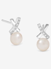 Simply Silver 925 Sterling Silver Polished and Pave Kiss Pearl Stud Earrings - Image 1 of 2