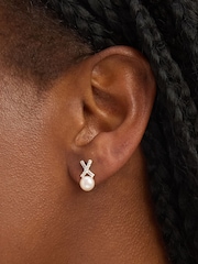 Simply Silver 925 Sterling Silver Polished and Pave Kiss Pearl Stud Earrings - Image 2 of 2