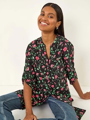 Roman Red Rose Print Longline Buttoned  Blouse - Image 1 of 5