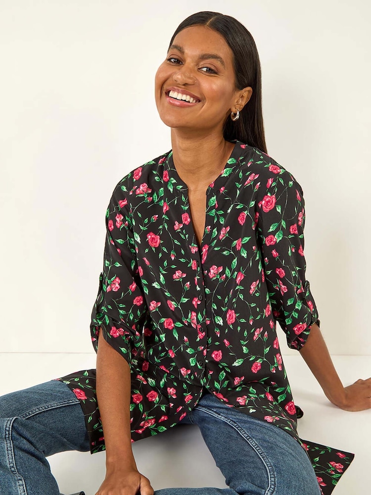 Roman Red Rose Print Longline Buttoned  Blouse - Image 1 of 5