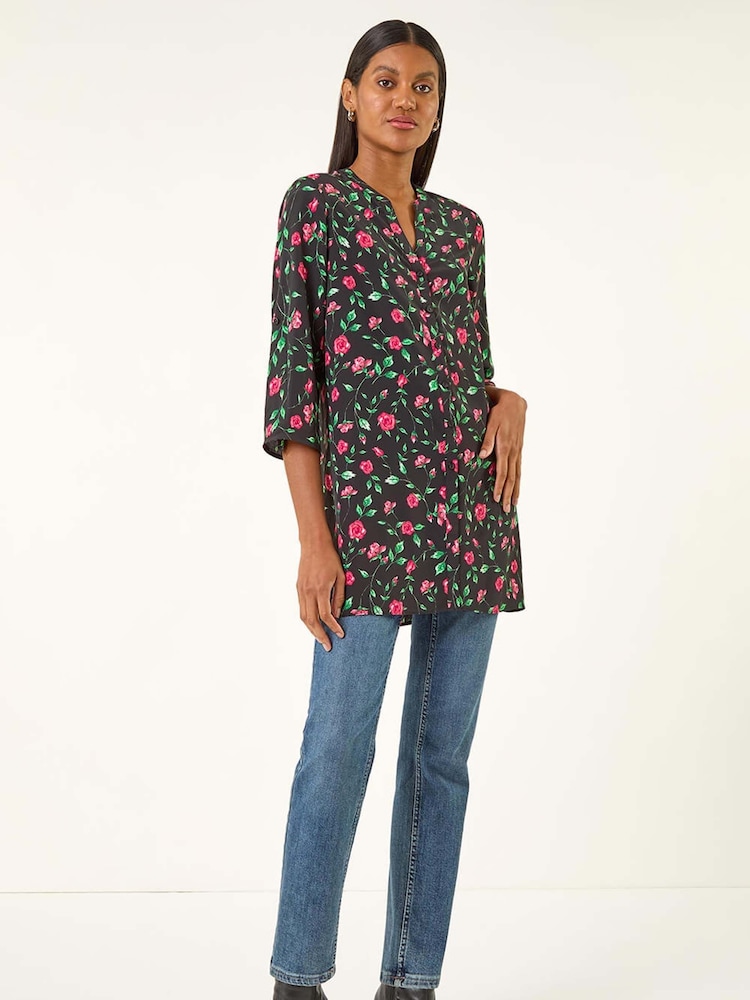 Roman Red Rose Print Longline Buttoned  Blouse - Image 2 of 5