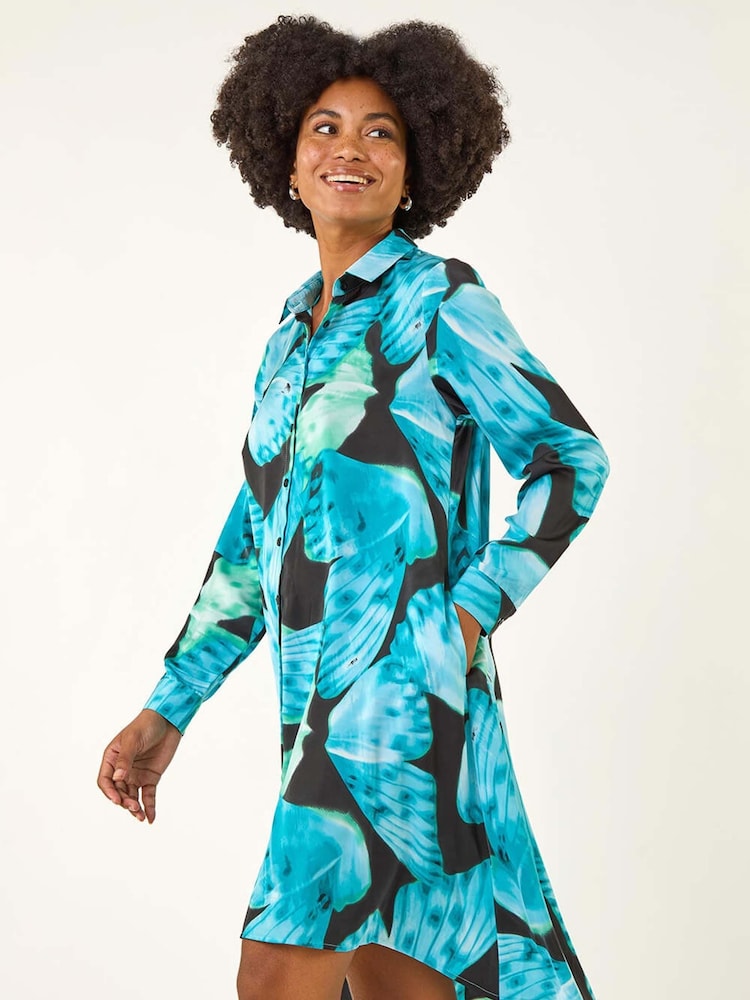 Roman Blue Abstract Print High Low Shirt Dress - Image 2 of 5 Roman Blue Abstract Print High Low Shirt Dress - Image 2 of 5