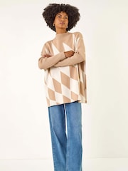 Roman Natural Geometric Plaid Knit Poncho - Image 1 of 5