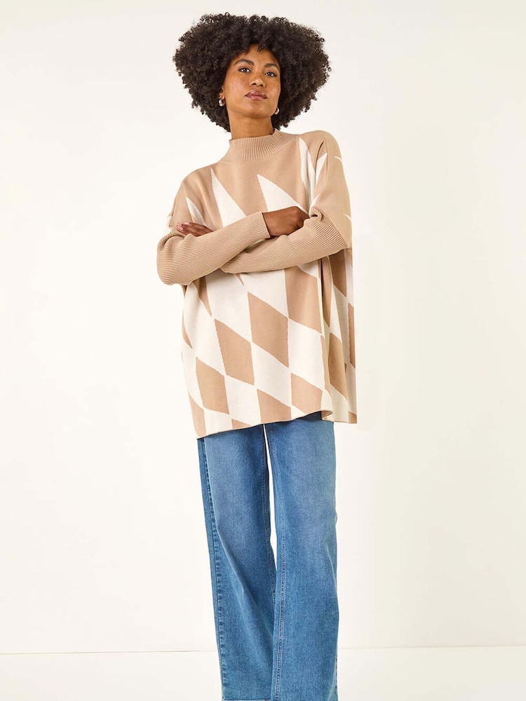 Roman Natural Geometric Plaid Knit Poncho - Image 1 of 5 Roman Natural Geometric Plaid Knit Poncho - Image 1 of 5
