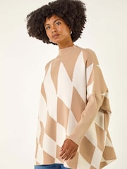 Roman Natural Geometric Plaid Knit Poncho - Image 2 of 5