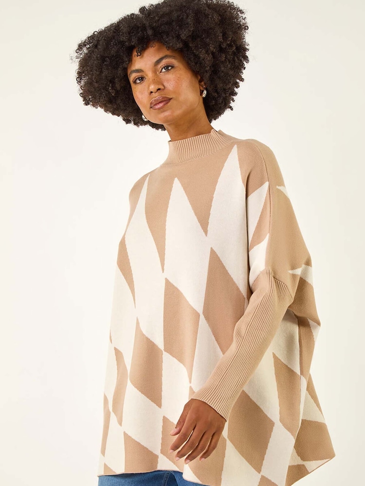 Roman Natural Geometric Plaid Knit Poncho - Image 2 of 5