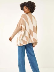 Roman Natural Geometric Plaid Knit Poncho - Image 3 of 5