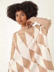 Roman Natural Geometric Plaid Knit Poncho - Image 4 of 5