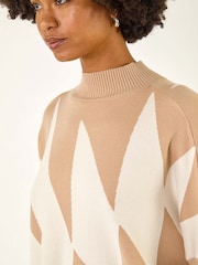 Roman Natural Geometric Plaid Knit Poncho - Image 5 of 5
