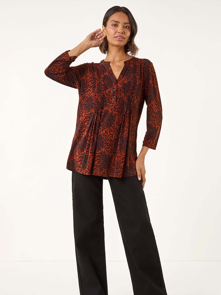 Roman Red Abstract Print Pintuck Stretch Blouse - Image 1 of 5