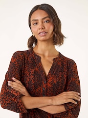 Roman Red Abstract Print Pintuck Stretch Blouse - Image 4 of 5