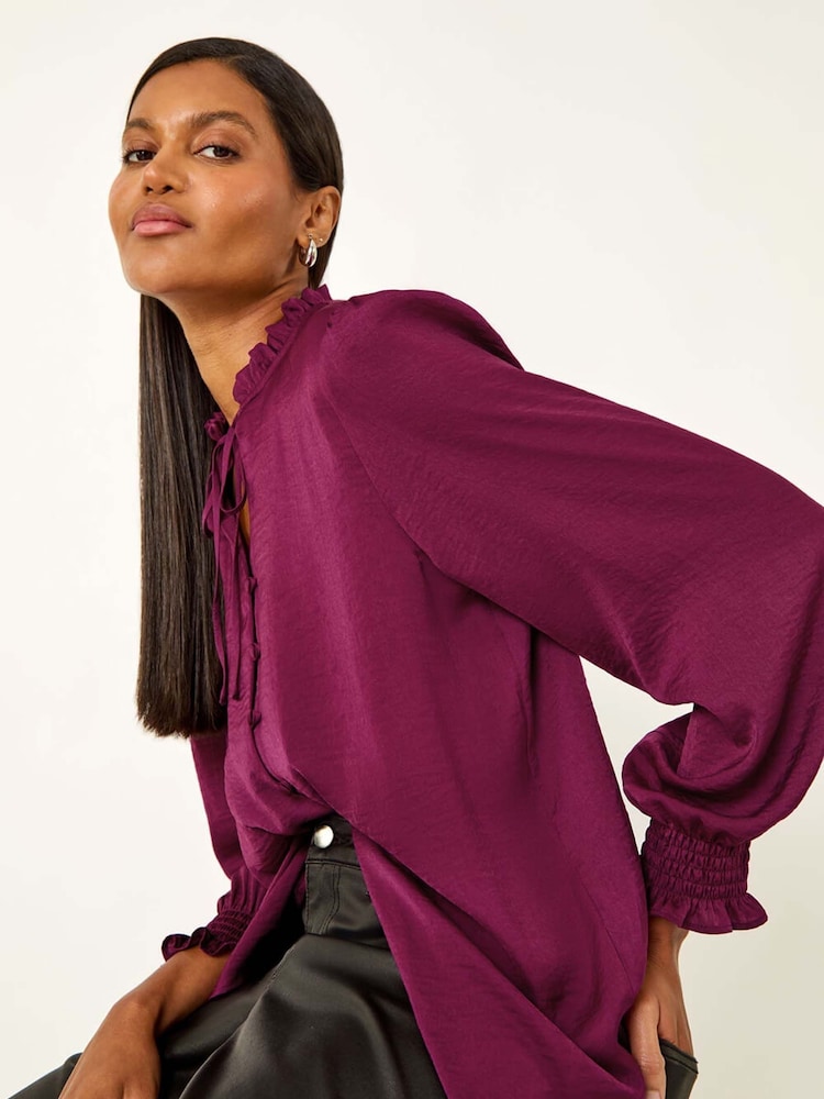 Roman Purple Ruffle Front Tie Neck Blouse - Image 1 of 5 Roman Purple Ruffle Front Tie Neck Blouse - Image 1 of 5