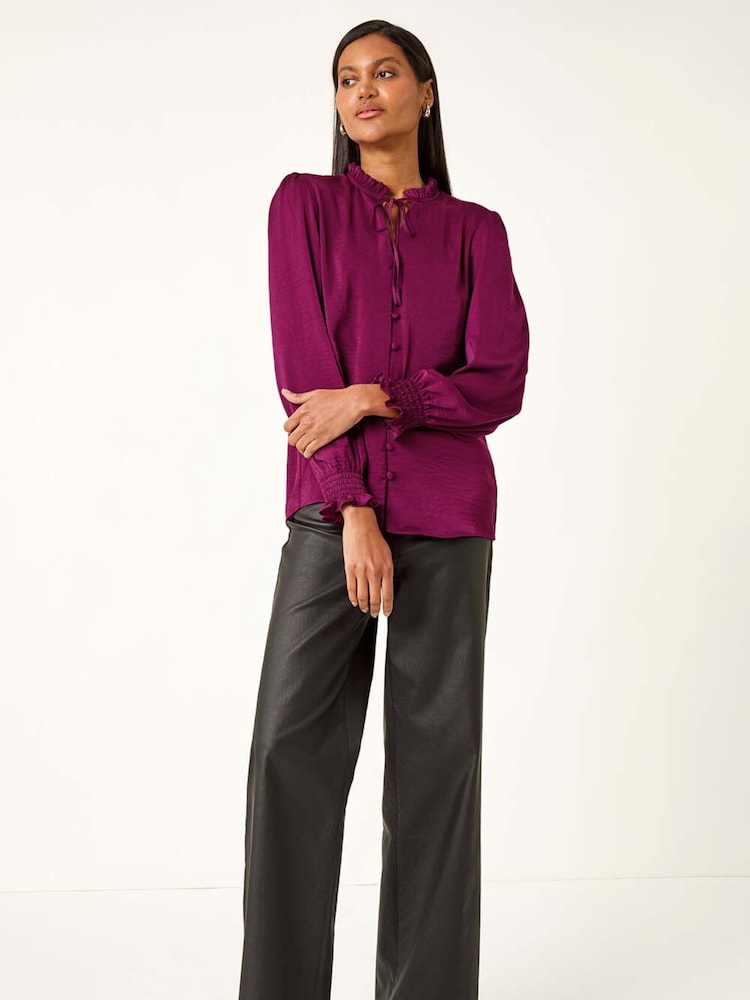 Roman Purple Ruffle Front Tie Neck Blouse - Image 2 of 5 Roman Purple Ruffle Front Tie Neck Blouse - Image 2 of 5