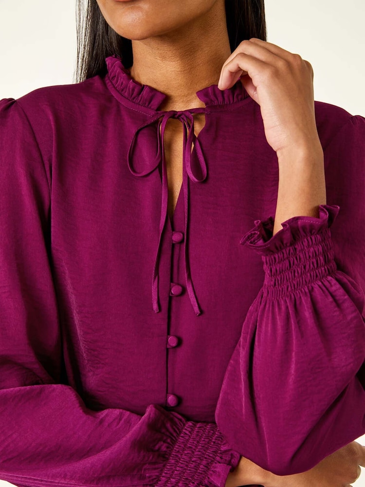 Roman Purple Ruffle Front Tie Neck Blouse - Image 5 of 5 Roman Purple Ruffle Front Tie Neck Blouse - Image 5 of 5