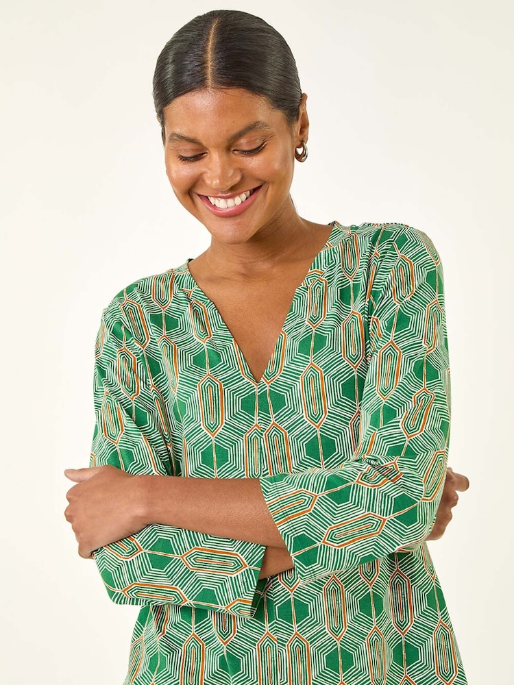 Roman Green Geometric Print Stretch T-Shirt - Image 1 of 5 Roman Green Geometric Print Stretch T-Shirt - Image 1 of 5