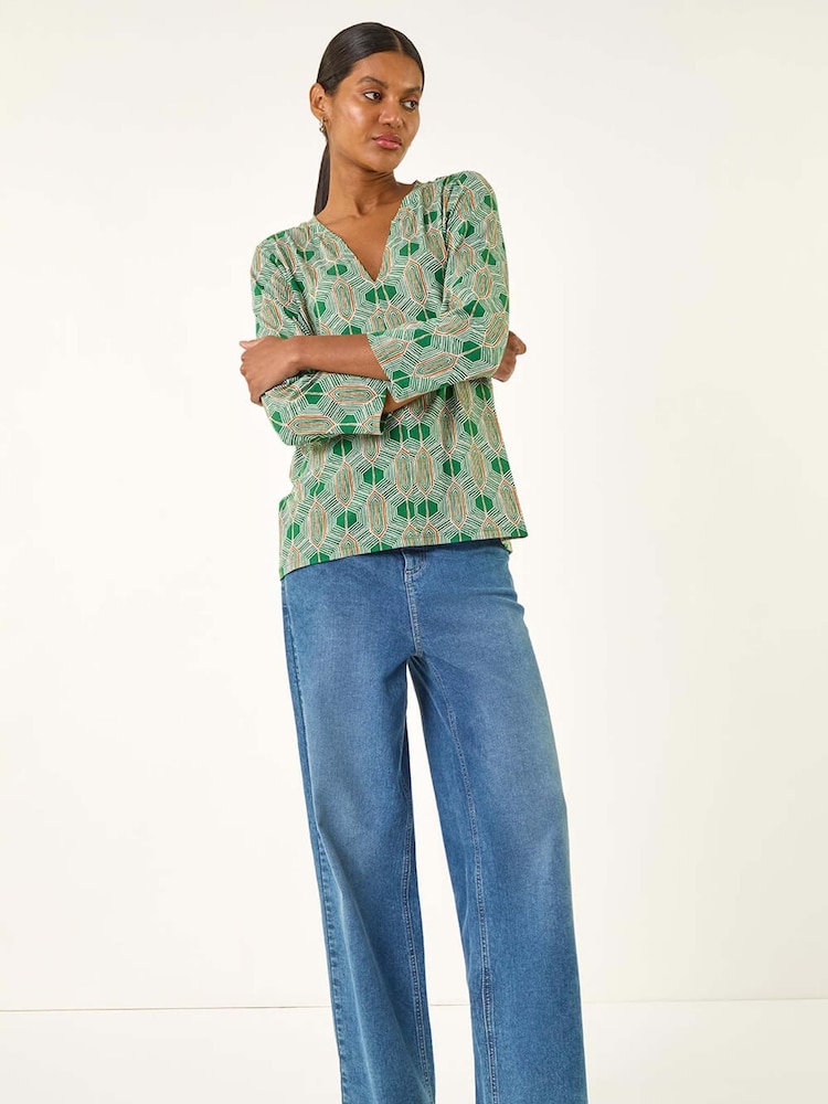 Roman Green Geometric Print Stretch T-Shirt - Image 2 of 5 Roman Green Geometric Print Stretch T-Shirt - Image 2 of 5