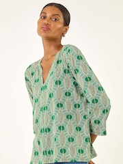 Roman Green Geometric Print Stretch T-Shirt - Image 4 of 5