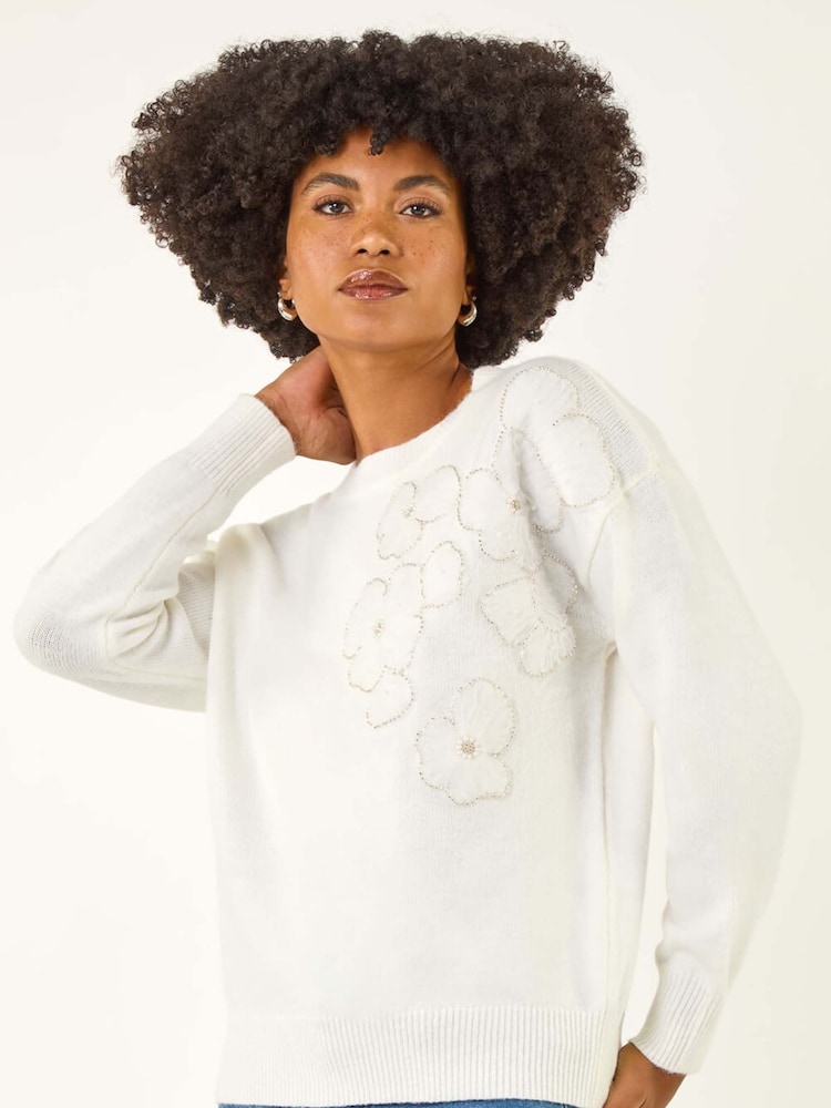 Roman White Floral Embroidered Sequin Knit Jumper - Image 1 of 5 Roman White Floral Embroidered Sequin Knit Jumper - Image 1 of 5