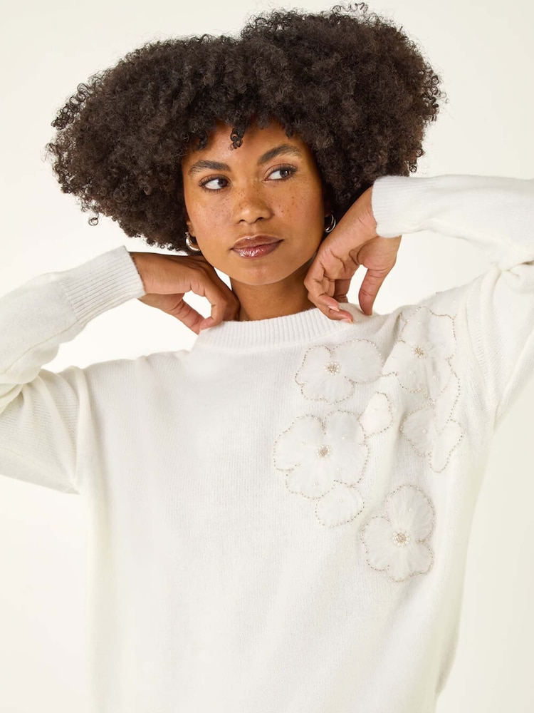 Roman White Floral Embroidered Sequin Knit Jumper - Image 2 of 5 Roman White Floral Embroidered Sequin Knit Jumper - Image 2 of 5
