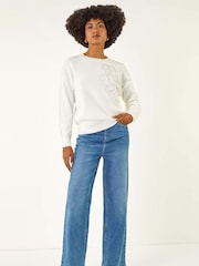 Roman White Floral Embroidered Sequin Knit Jumper - Image 3 of 5