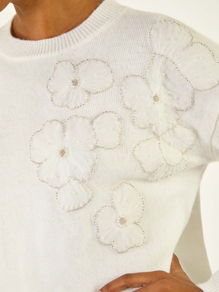 Roman White Floral Embroidered Sequin Knit Jumper - Image 5 of 5 Roman White Floral Embroidered Sequin Knit Jumper - Image 5 of 5