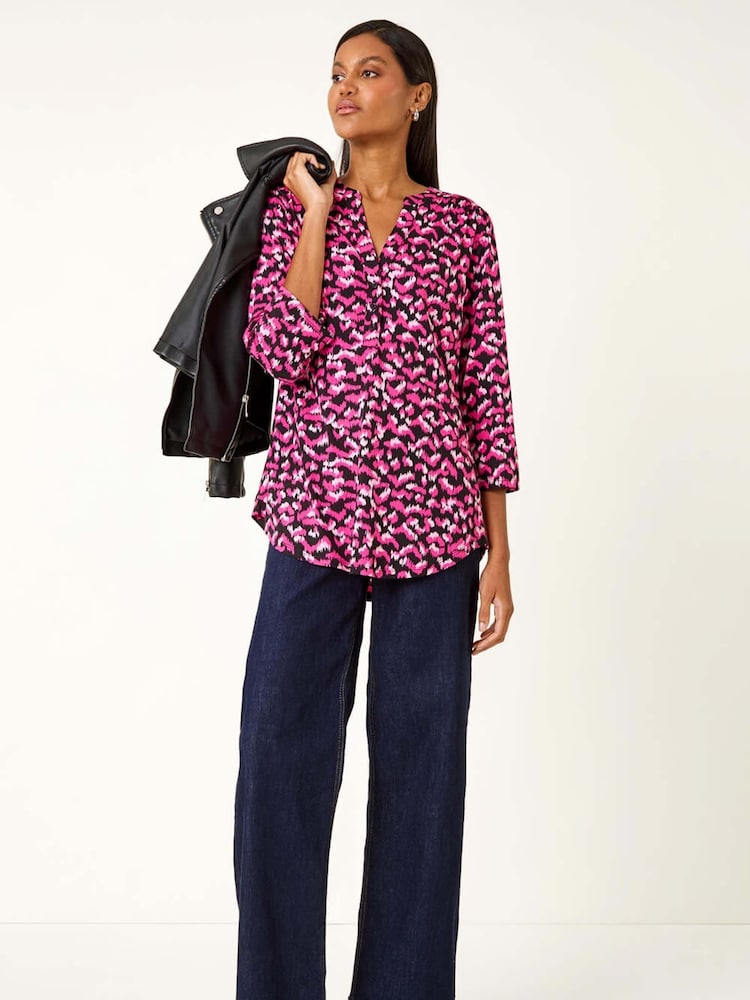 Roman Pink Abstract Print Pintuck Tunic Top - Image 1 of 5 Roman Pink Abstract Print Pintuck Tunic Top - Image 1 of 5