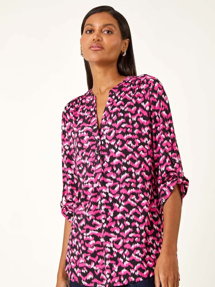 Roman Pink Abstract Print Pintuck Tunic Top - Image 2 of 5 Roman Pink Abstract Print Pintuck Tunic Top - Image 2 of 5
