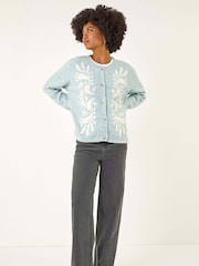 Roman Blue Floral Buttoned Knit Cardigan - Image 2 of 5