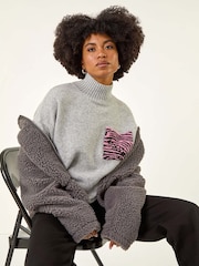 Roman Grey Animal Print Pocket Knit Jumper - Image 1 of 5