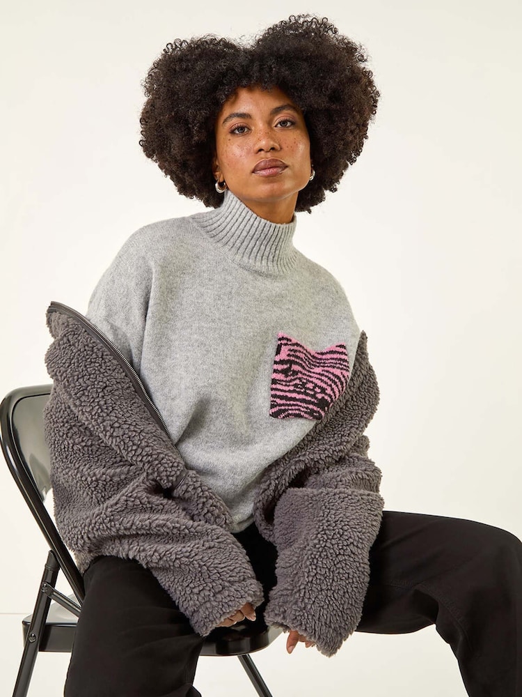 Roman Grey Animal Print Pocket Knit Jumper - Image 1 of 5 Roman Grey Animal Print Pocket Knit Jumper - Image 1 of 5