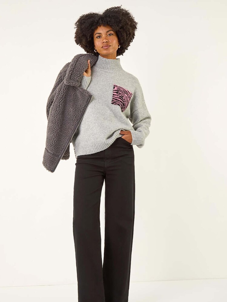 Roman Grey Animal Print Pocket Knit Jumper - Image 2 of 5