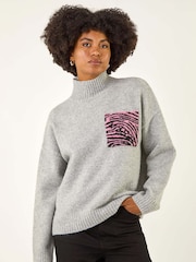 Roman Grey Animal Print Pocket Knit Jumper - Image 4 of 5