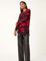Roman Red Floral Jacquard Chiffon Hem Tunic Top - Image 1 of 5