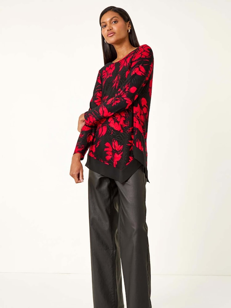 Roman Red Floral Jacquard Chiffon Hem Tunic Top - Image 1 of 5