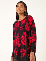 Roman Red Floral Jacquard Chiffon Hem Tunic Top - Image 2 of 5