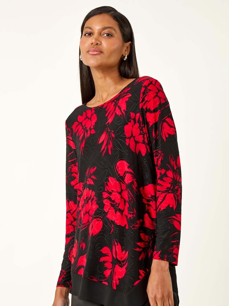 Roman Red Floral Jacquard Chiffon Hem Tunic Top - Image 2 of 5