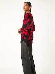 Roman Red Floral Jacquard Chiffon Hem Tunic Top - Image 3 of 5
